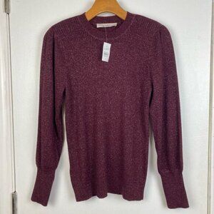 LOFT Burgundy Wine Red Puff Sleeves Gold Shimmer Sparkle Pullover Sweater sz M